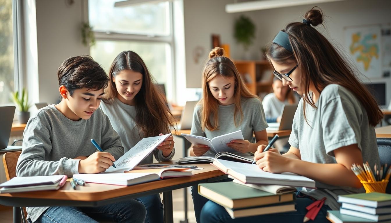 Students studying together in modern classroom